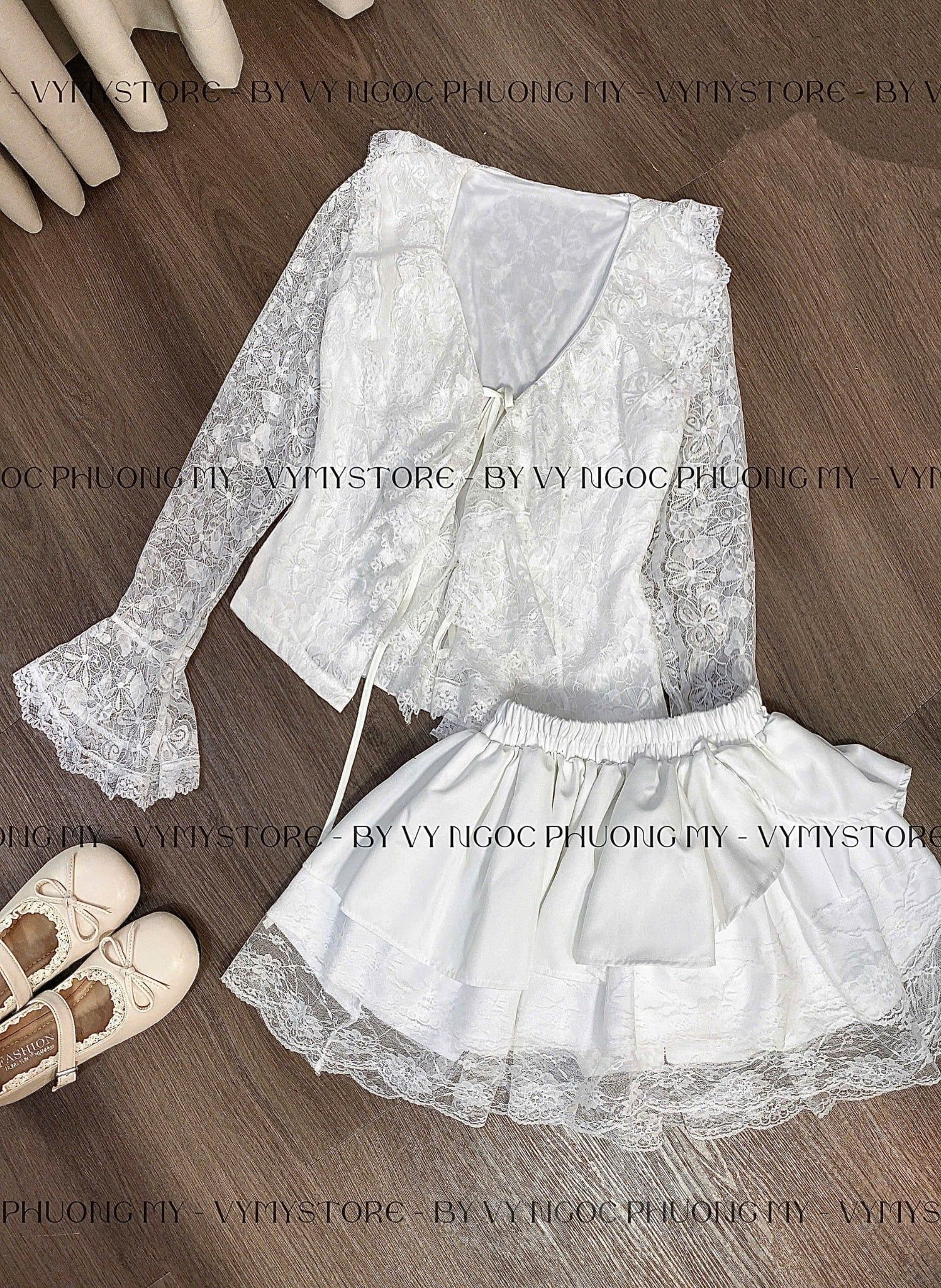  Set ren đúp lót 2 lớp áo tay loe mix chân váy tầng - TRẮNG - C251 ( <56KG ) 