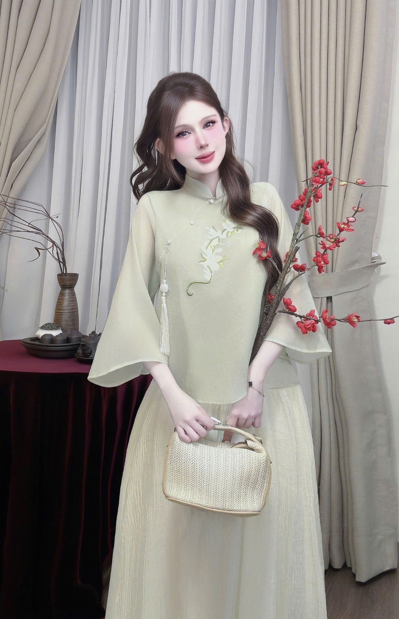  Set cách tân áo thêu hoa tay lỡ + chân váy dáng xòe - XANH - G63 