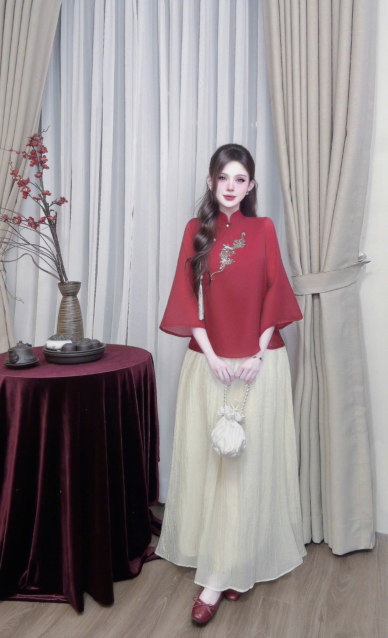  Set cách tân áo thêu hoa tay lỡ + chân váy dáng xòe - ĐỎ - G62 