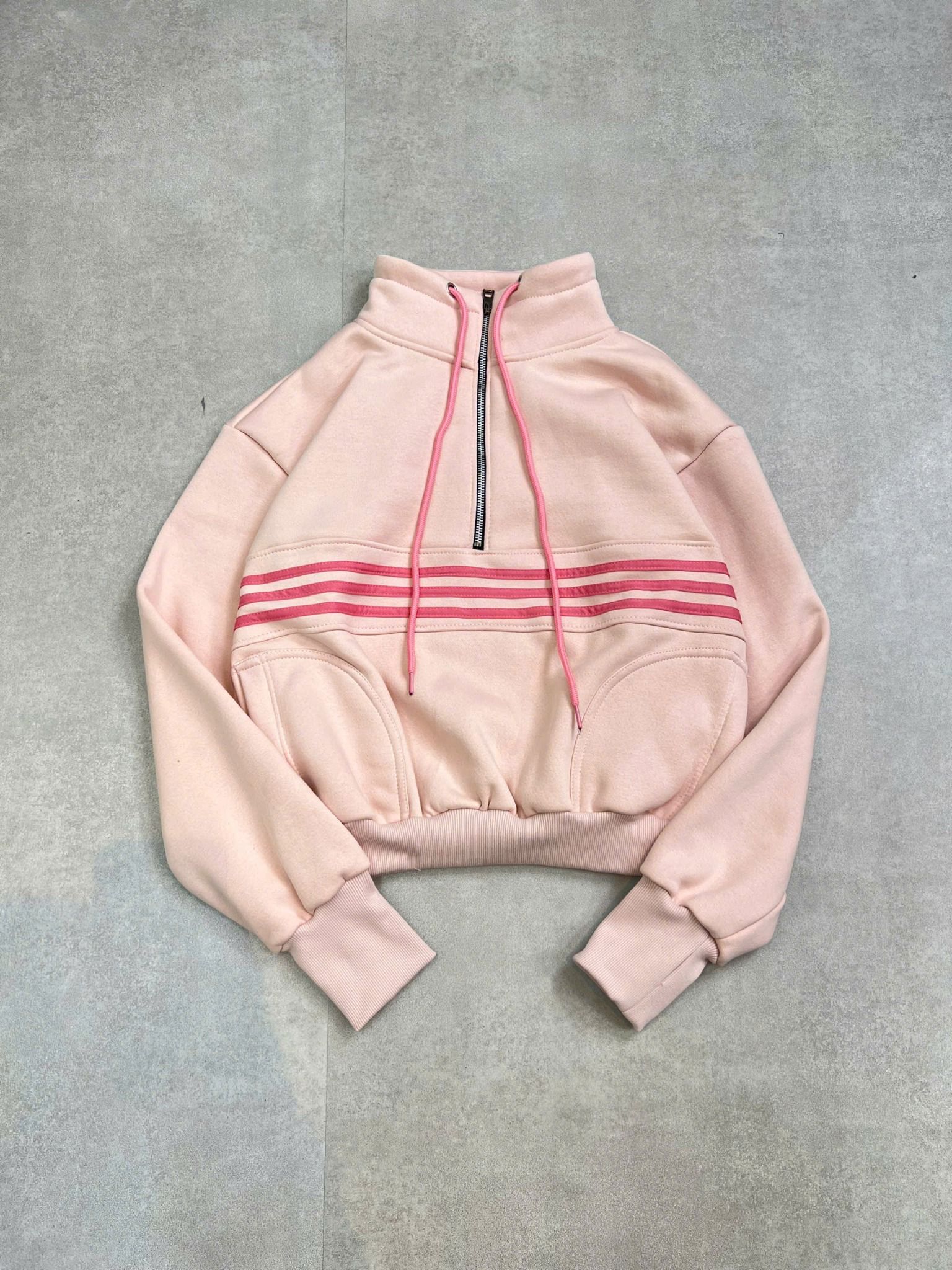  Áo khoác tay dài ko nón phối kẻ có khóa kéo - HỒNG - R11 