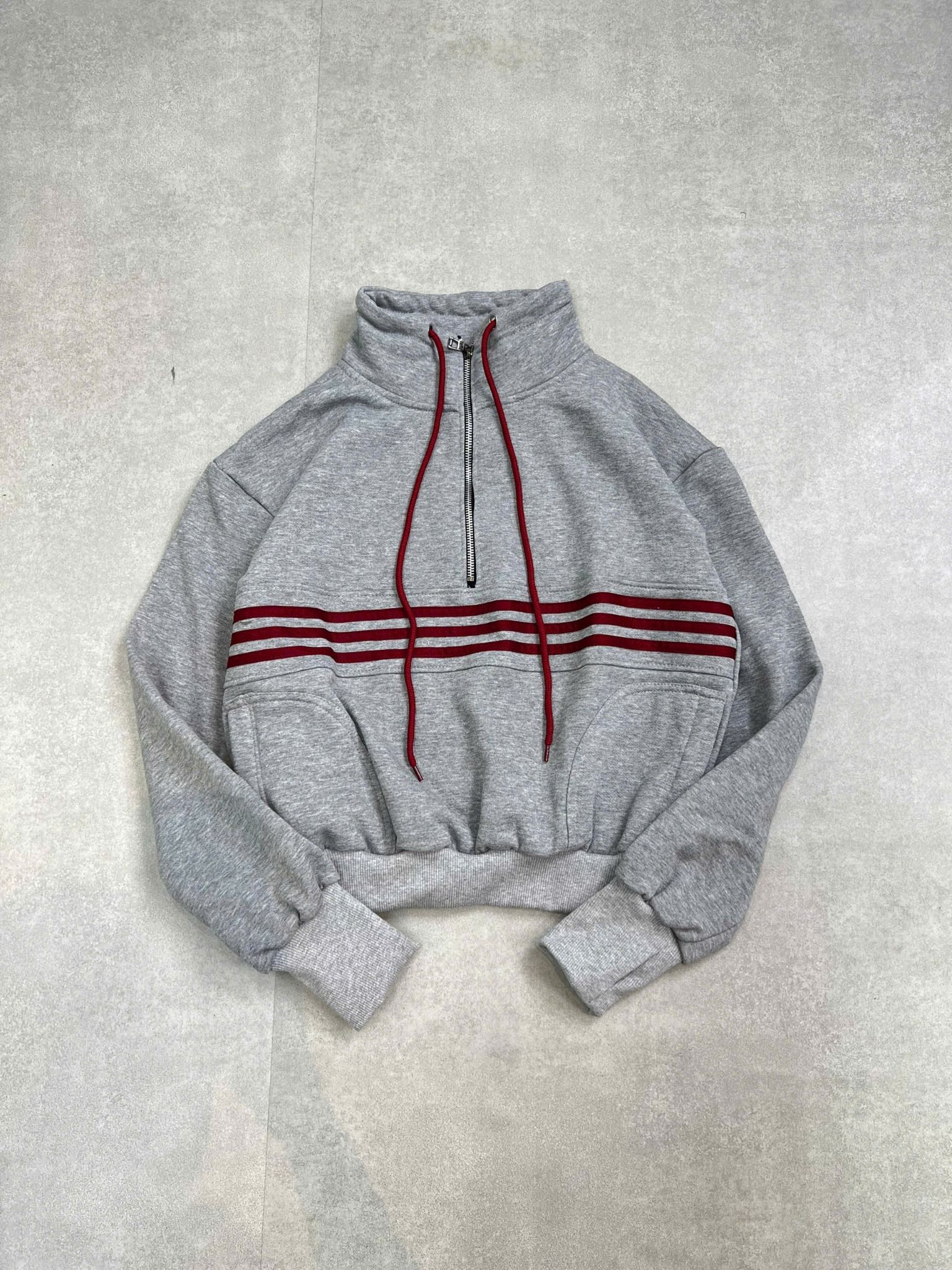  Áo khoác tay dài ko nón phối kẻ có khóa kéo - XÁM - R9 