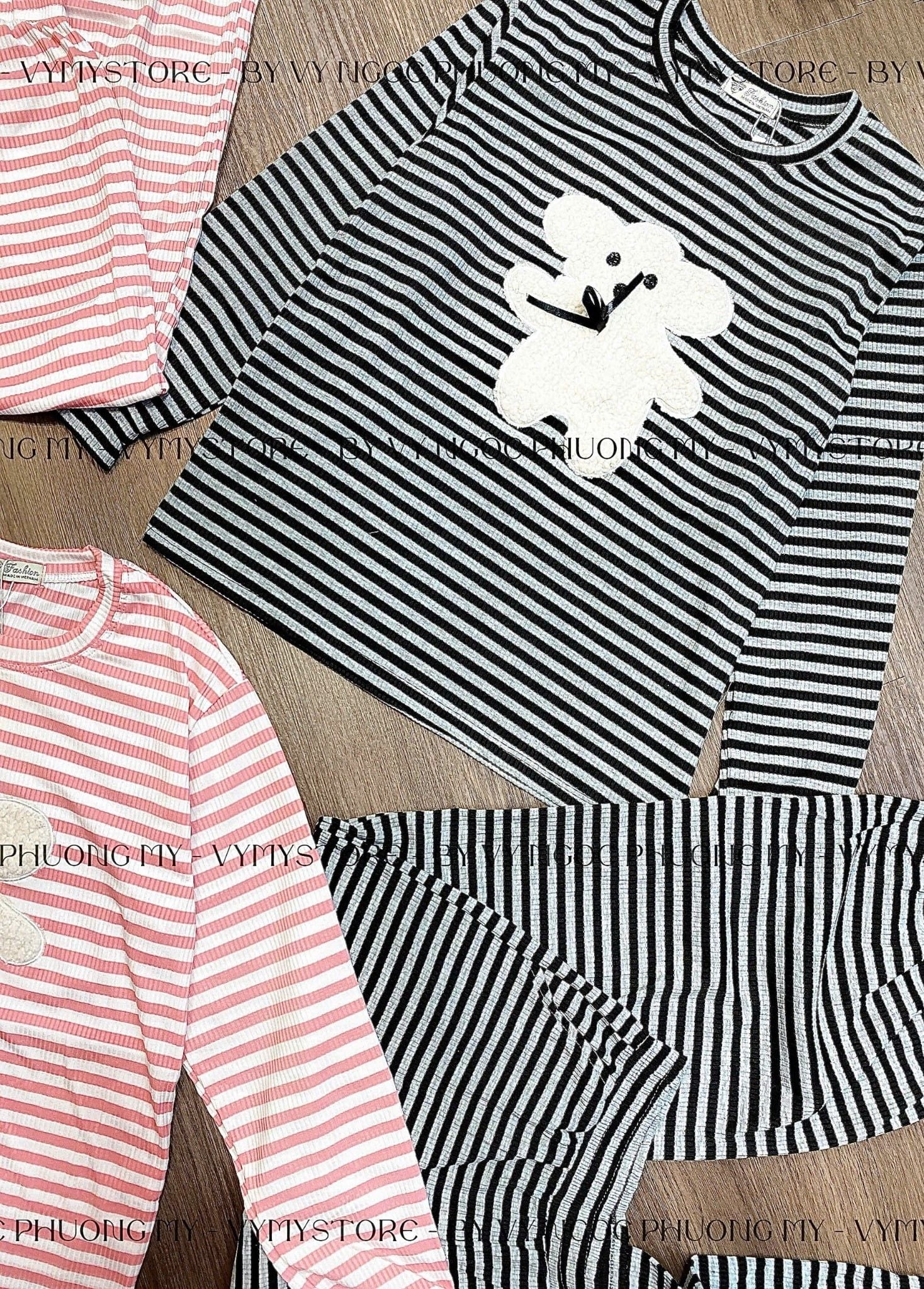  Set kẻ áo tay dài thêu gấu nổi mix quần suông dáng dài - XÁM - R18 (HÀNG SALE LỖ KO ĐỔI TRẢ DƯỚI MỌI HÌNH THỨC) 