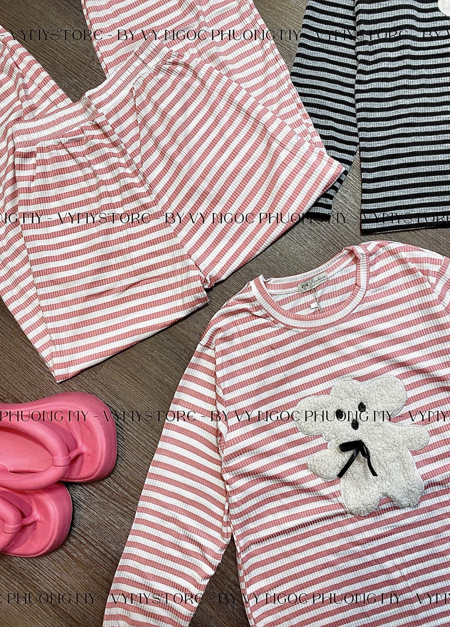  Set kẻ áo tay dài thêu gấu nổi mix quần suông dáng dài - HỒNG - R19 (HÀNG SALE LỖ KO ĐỔI TRẢ DƯỚI MỌI HÌNH THỨC) 