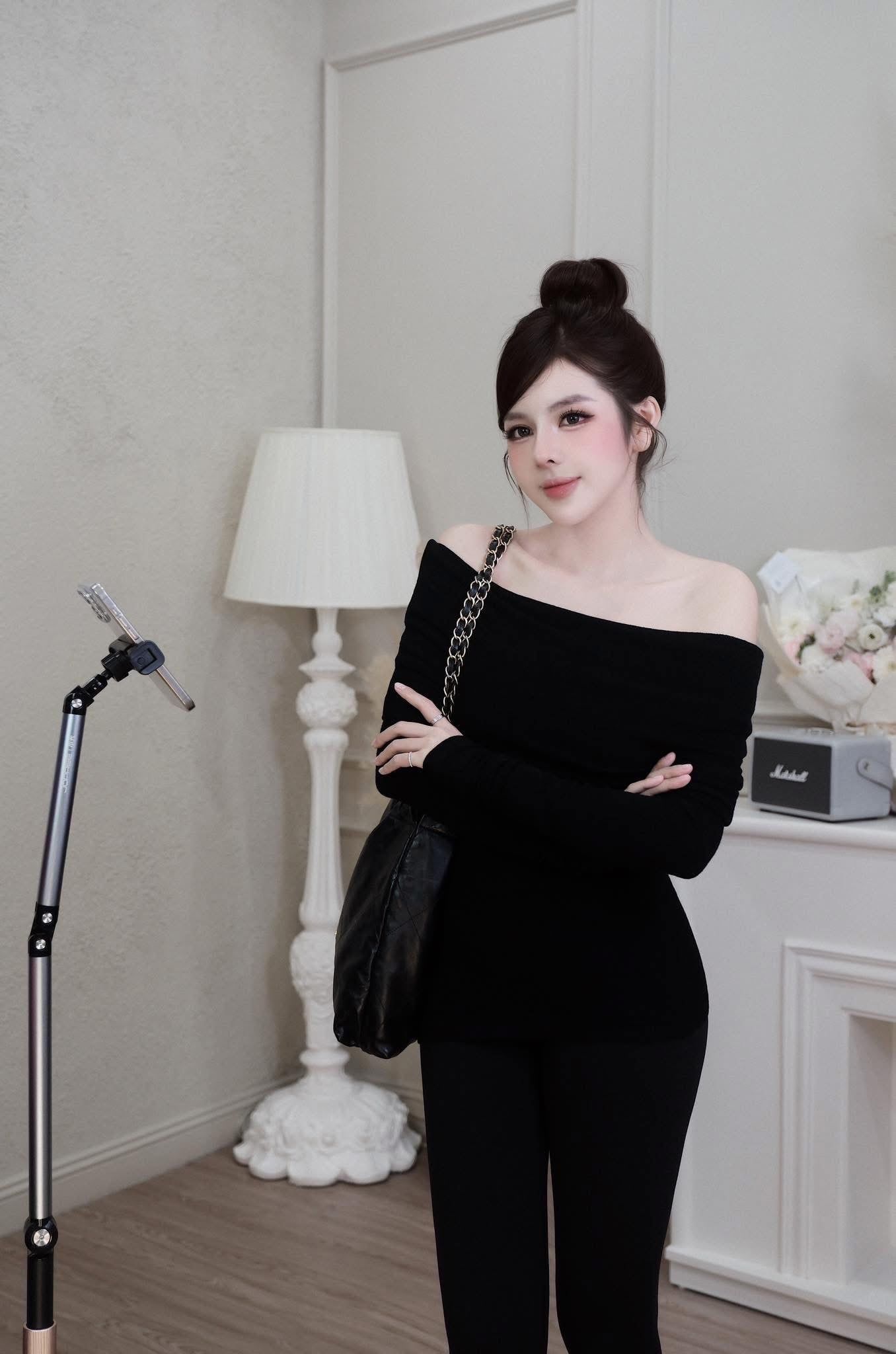  Áo len tăm thỏ trễ vai chất co dãn siêu hot - ĐEN - R26 