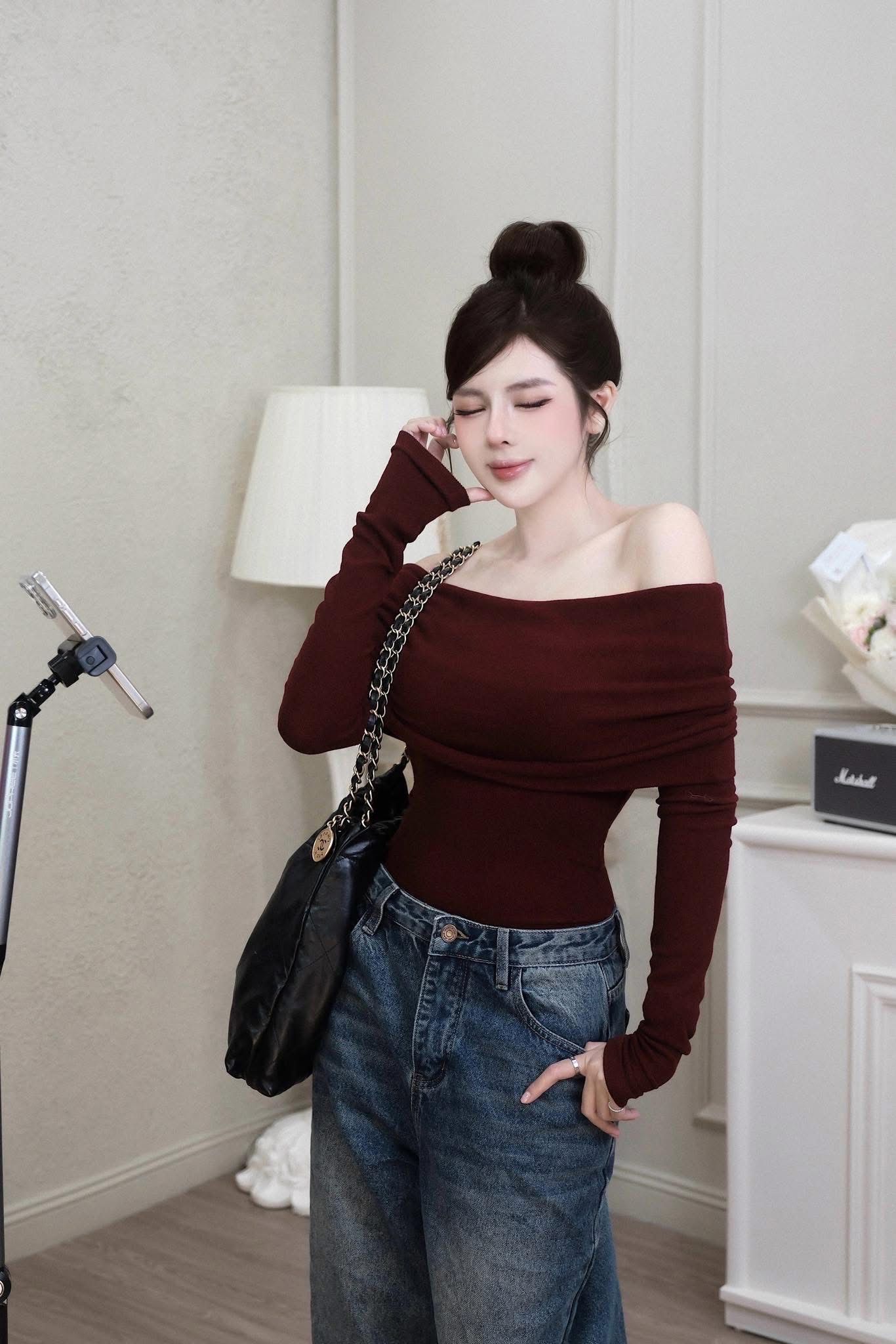  Áo len tăm thỏ trễ vai chất co dãn siêu hot - ĐỎ - R23 