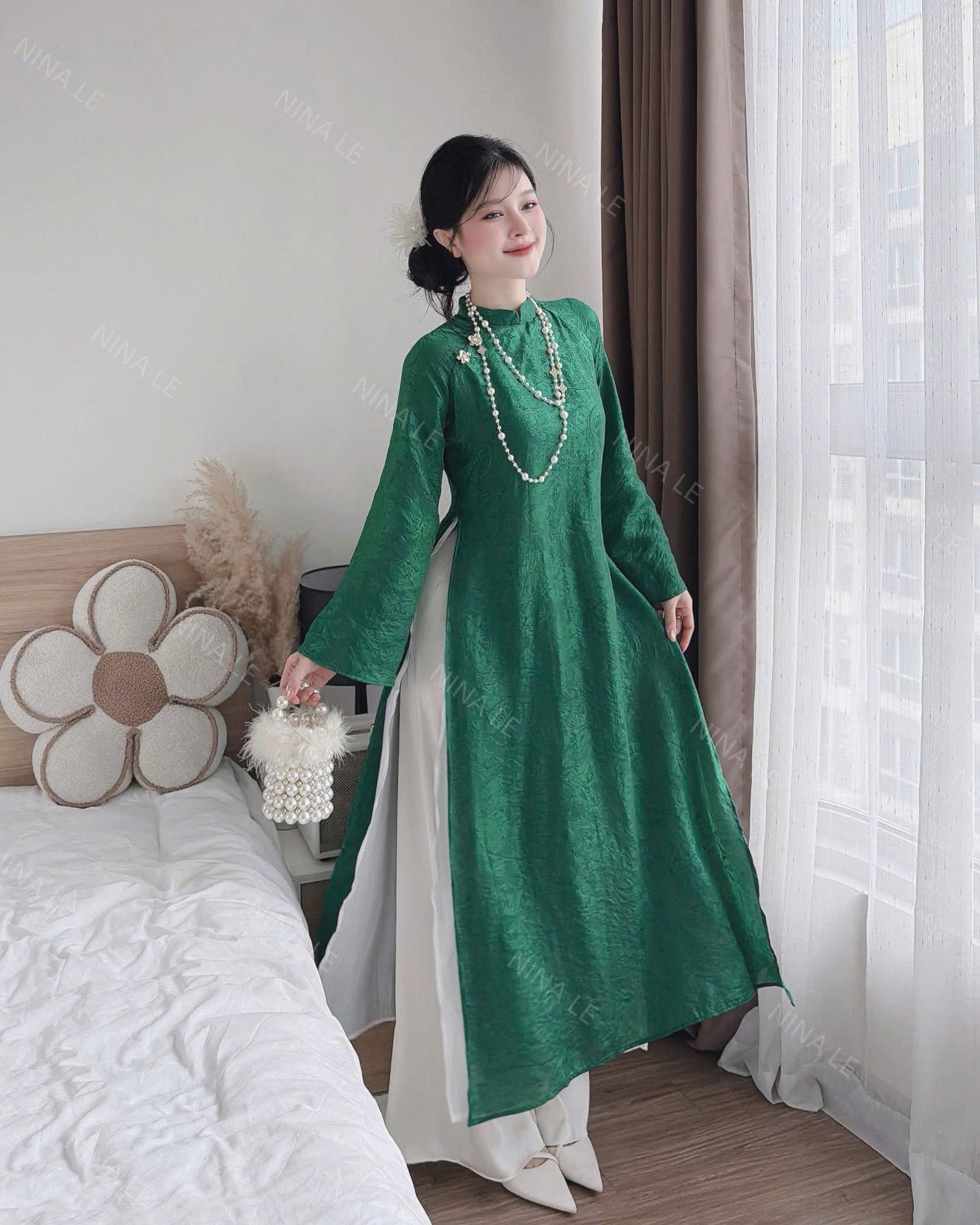  Set áo dài gấm dáng suông 4 tà + quần lụa dài cao cấp - XANH LÁ - R35 