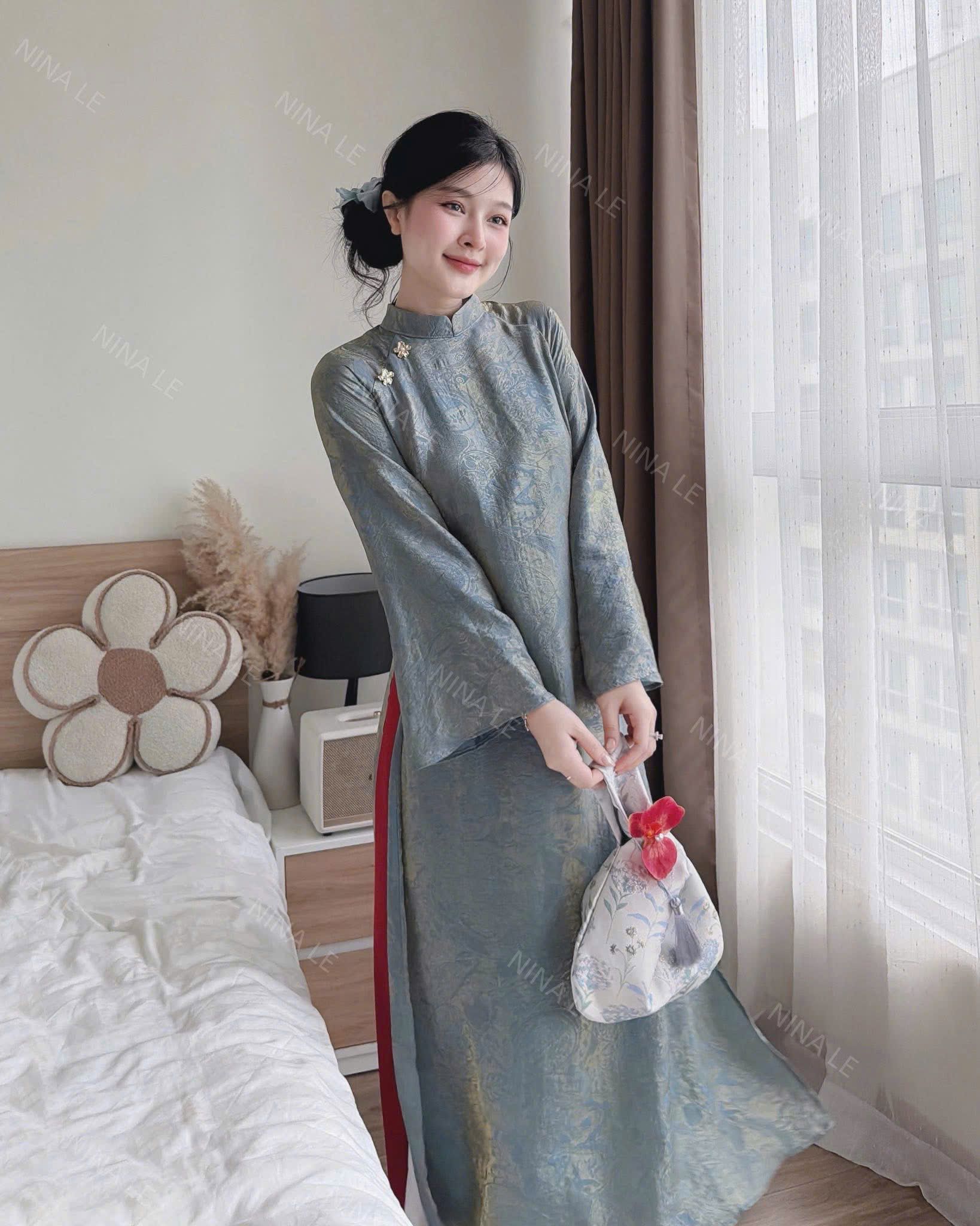  Set áo dài gấm dáng suông 4 tà + quần lụa dài cao cấp - XÁM - R33 