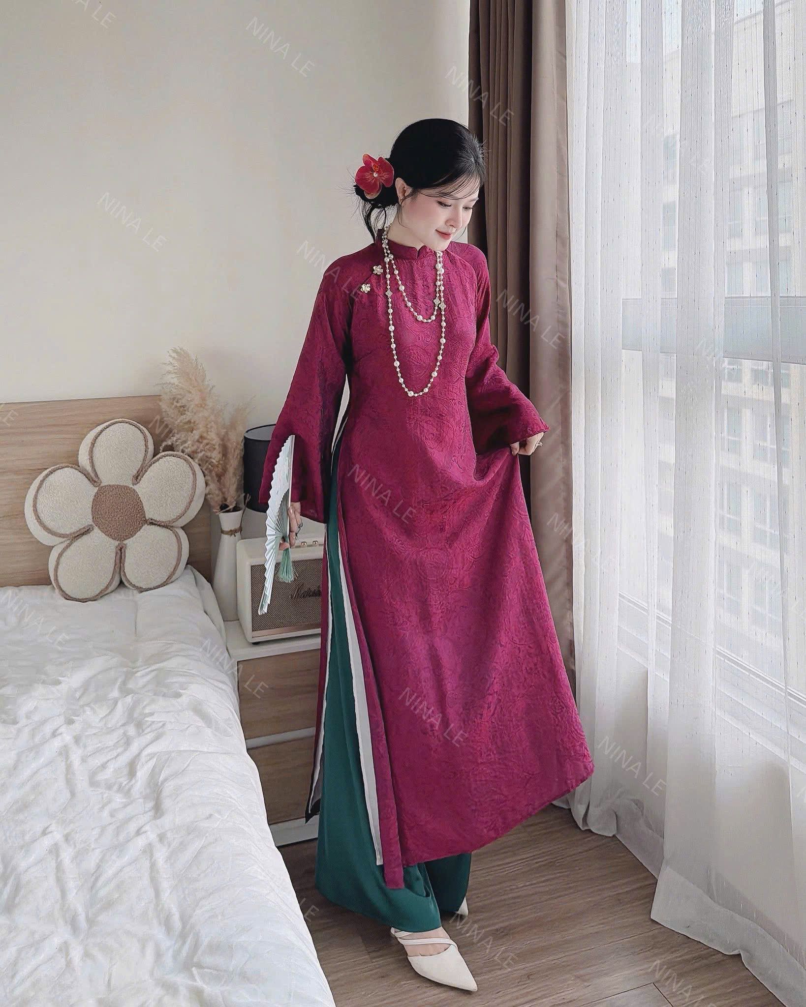  Set áo dài gấm dáng suông 4 tà + quần lụa dài cao cấp - HỒNG ĐẬM - R36 