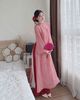 Set áo dài gấm dáng suông 4 tà + quần lụa dài cao cấp - HỒNG NHẠT - R37