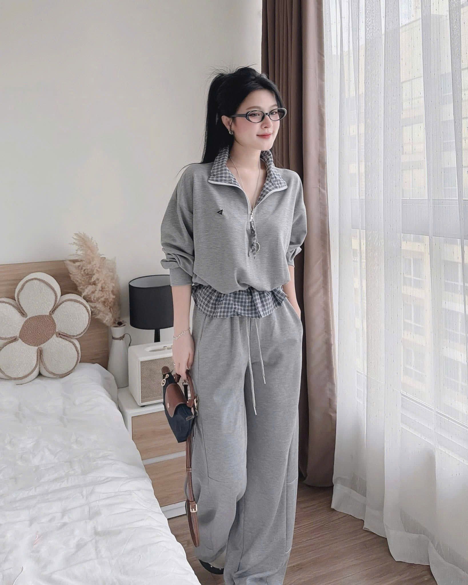  (GỐC 329K SALE 279K) Set áo tay dài phối caro bo gấu mix quần suông dài hot hit - XÁM - R46 