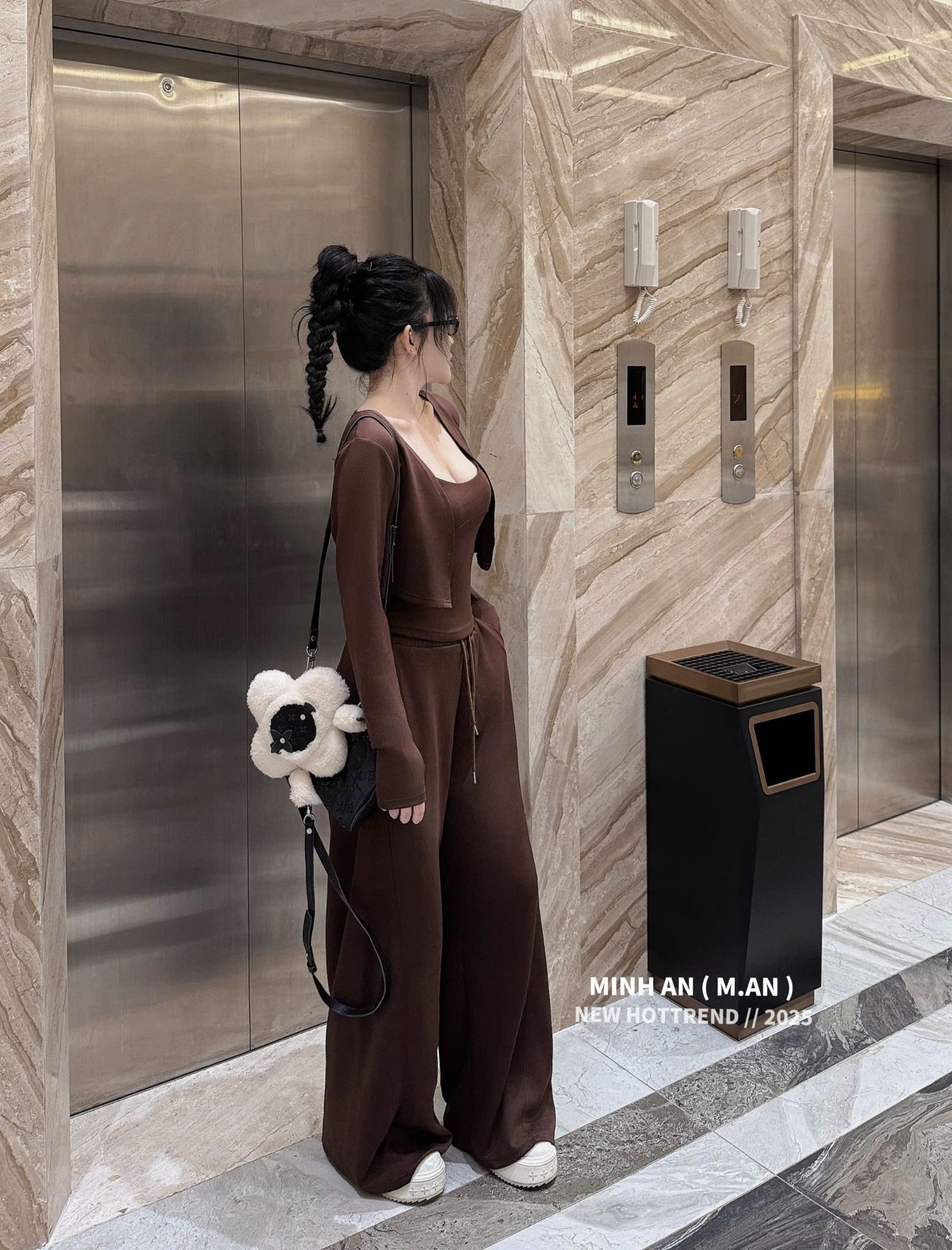  Set 3 món áo 2s kèm khoác mỏng mix quần suông dài - NÂU - R61 