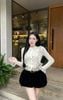 Set áo tay dài phối bèo nút bọc mix quần bí nhung tag miu - TRẮNG - R100 (eo S<68, M<72)