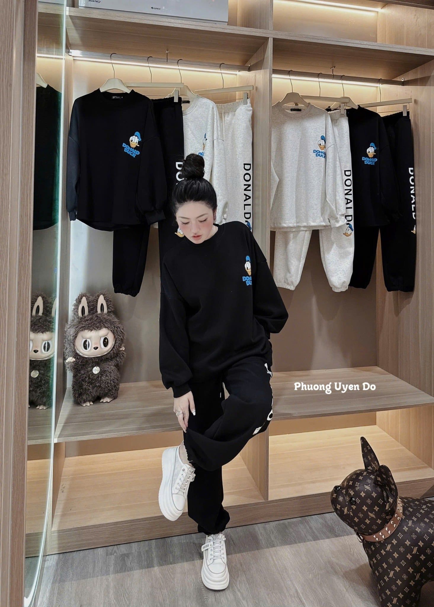  Set bộ áo tay dài Vịt Donald mix quần suông bo chun - ĐEN - R113 