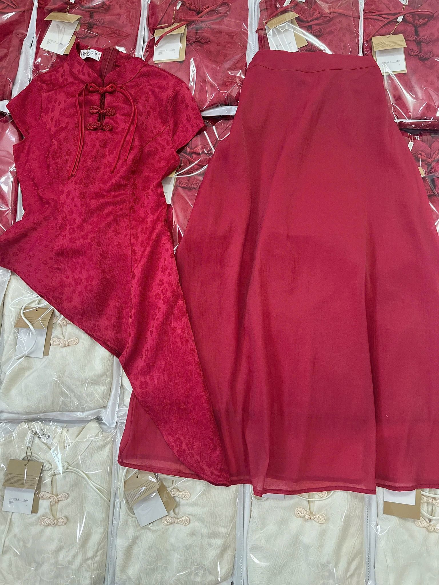  Set áo cổ tàu mix chân váy đúp lót 2 lớp - ĐỎ - R130 