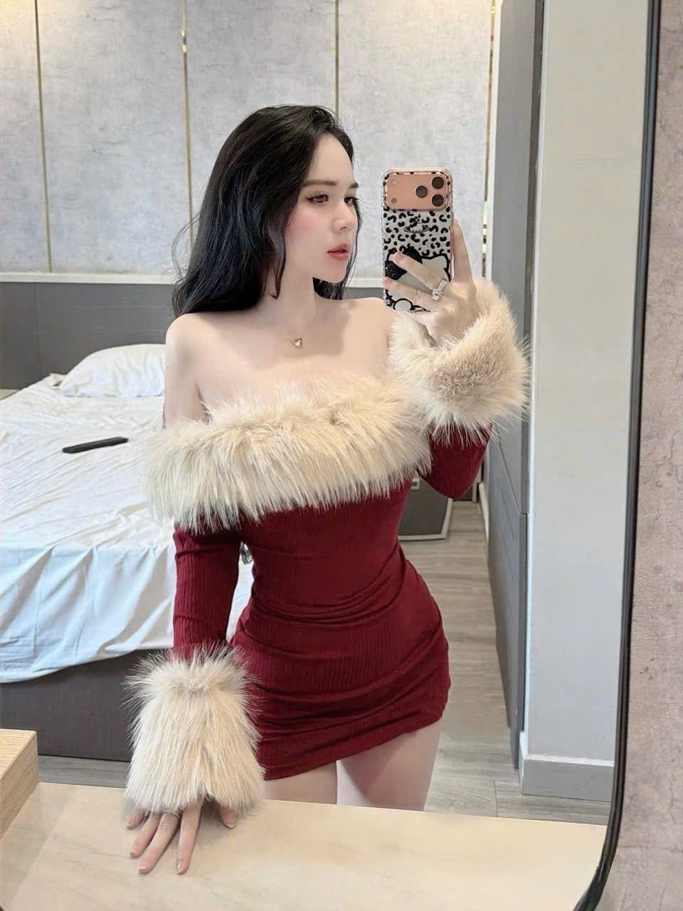  Váy body trễ vai phối lông fix dáng - ĐỎ - R142 