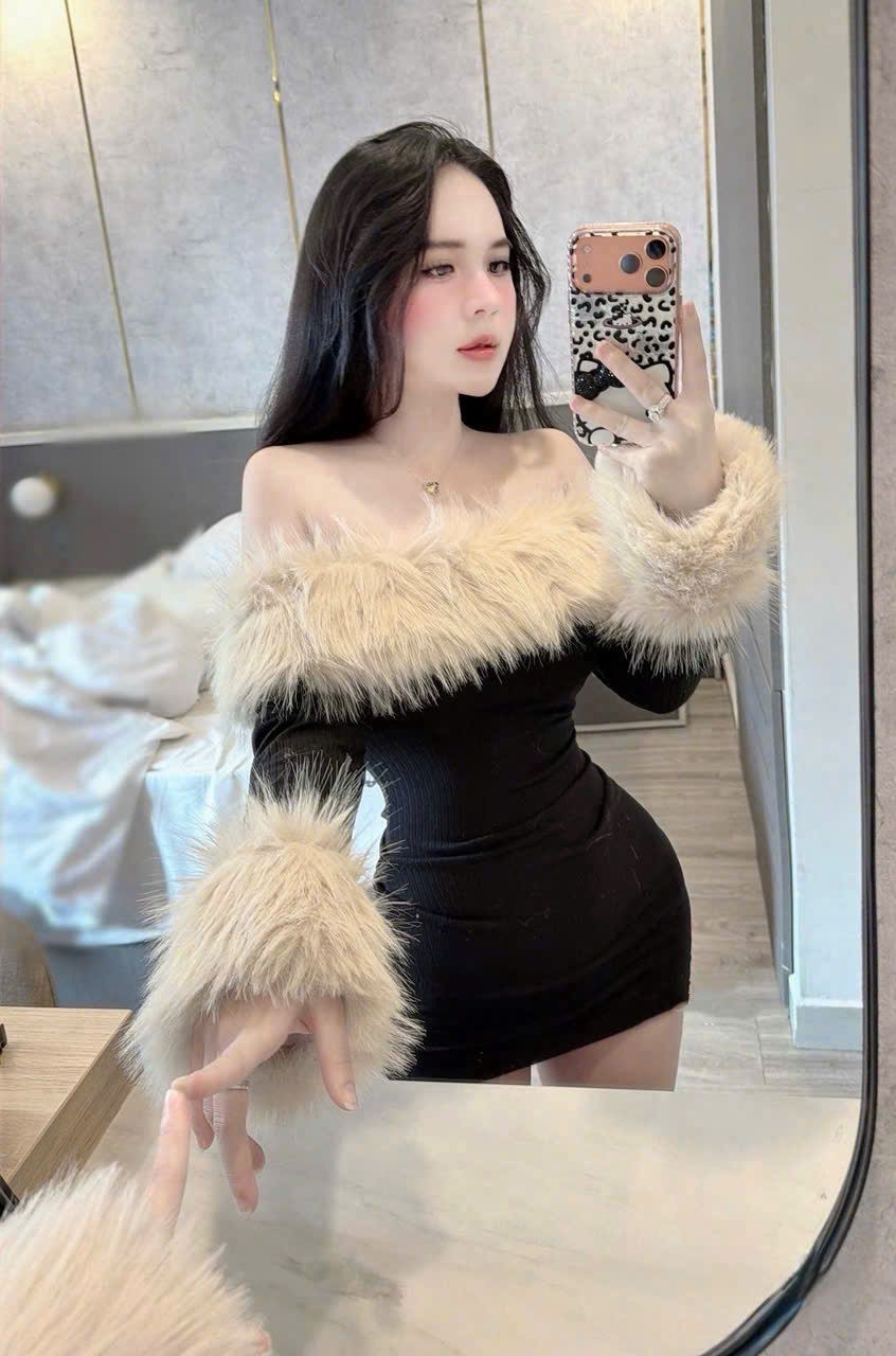  Váy body trễ vai phối lông fix dáng - ĐEN - R143 