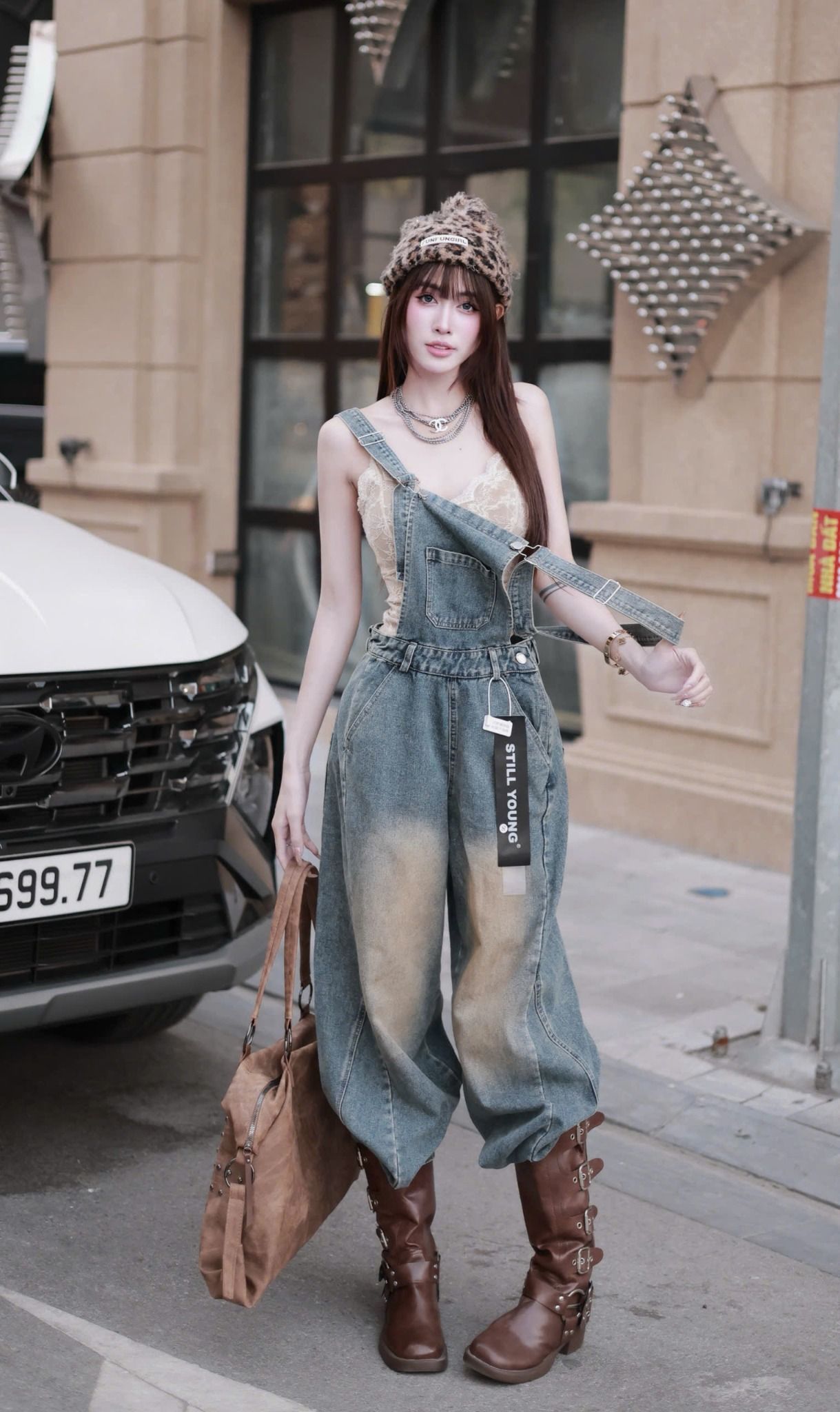  Quần Yếm JEANS nữ dài wash màu siêu bụi - R175 ( KH KÈM BRA ) 