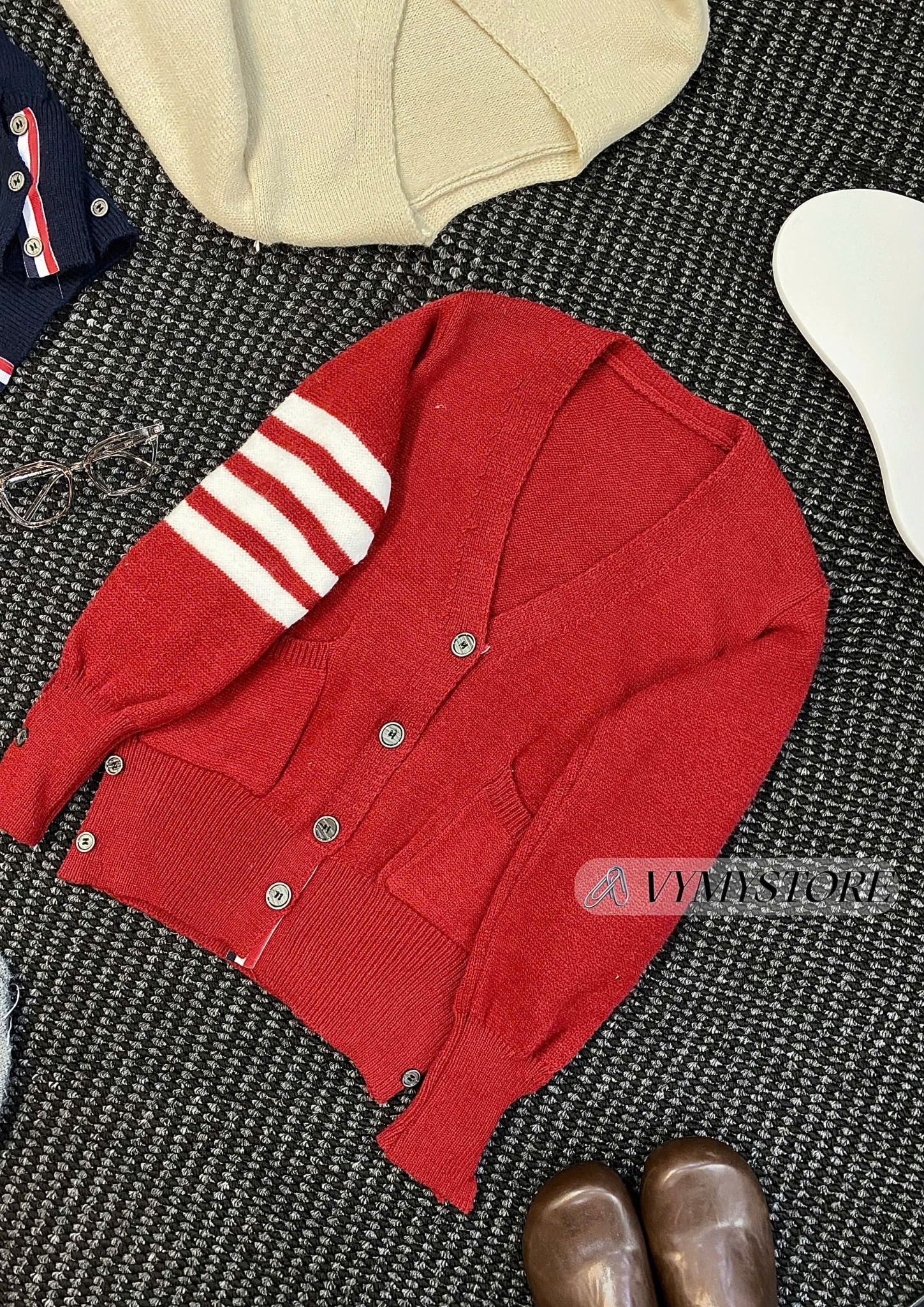  Áo khoác cadigan phối kẻ sọc - ĐỎ - H6 ( 57cm<60kg ) 