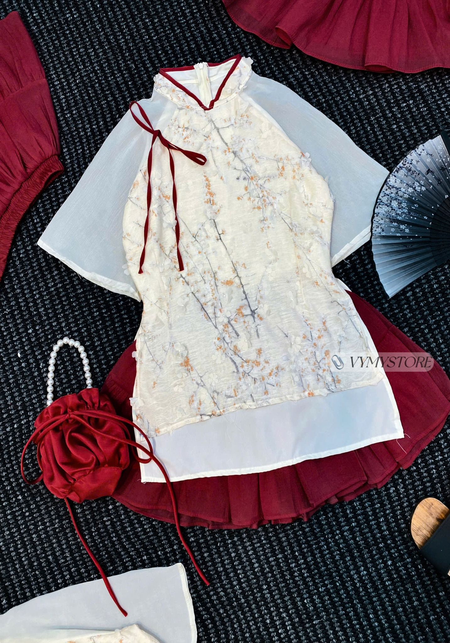  Set bộ áo cách tân 4 tà đính hoa nổi mix chân váy xoè - H32 ( FREESIZE<58KG ) ÁO DÀI  69CM _ CV DÀI 34CM 