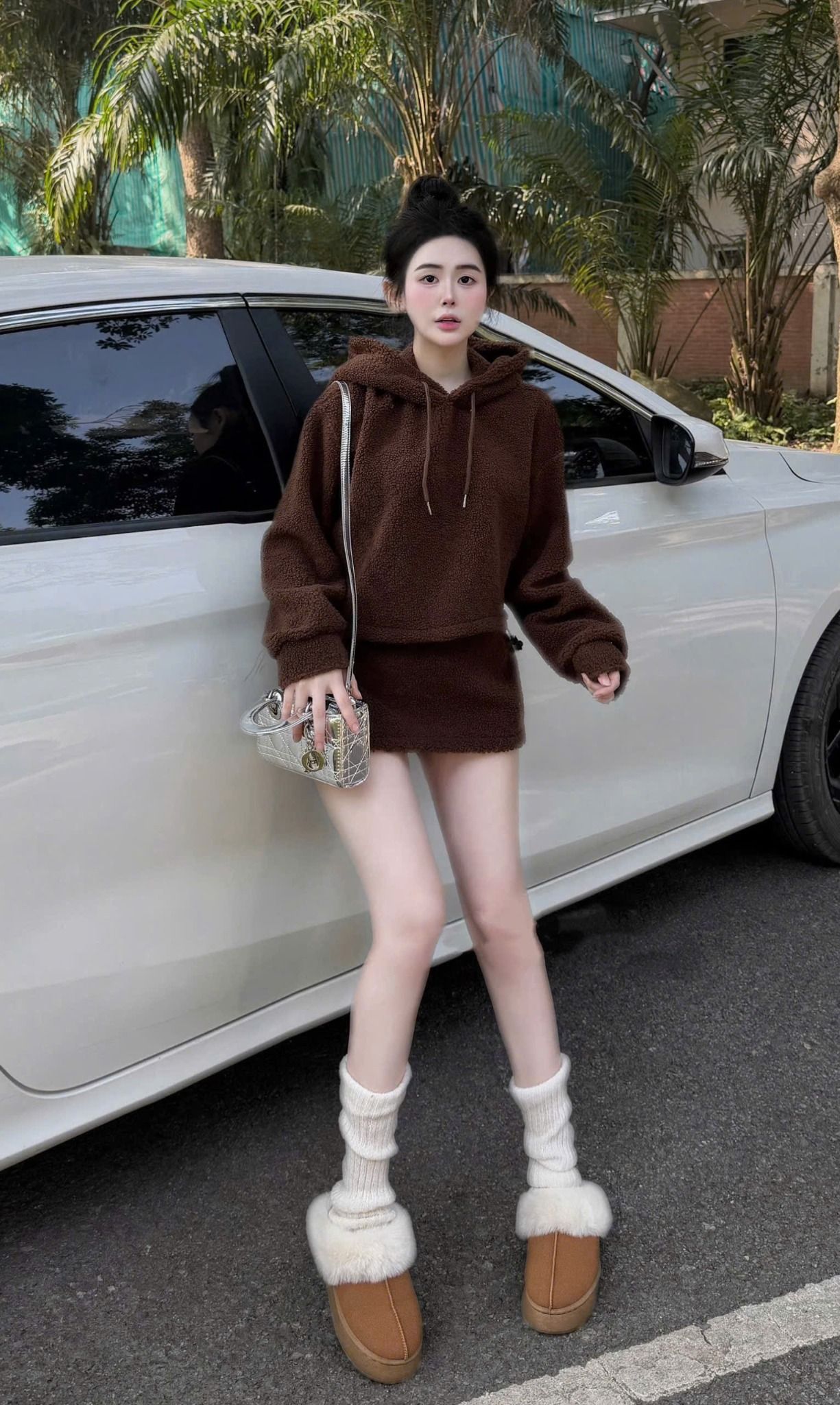  Set lông áo tay dài nón form croptop mix chân váy A - NÂU - R178 