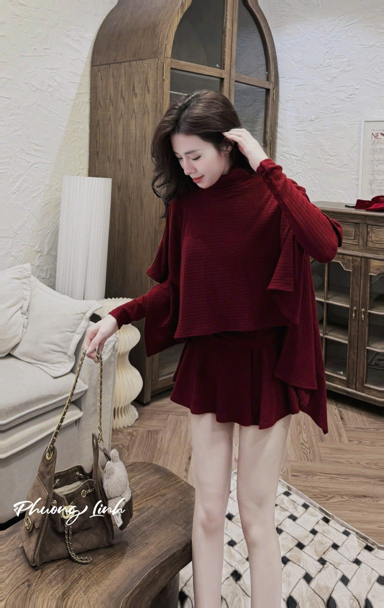  Set thu đông áo cổ cao phối tà mix chân váy xếp li - ĐỎ - H60 