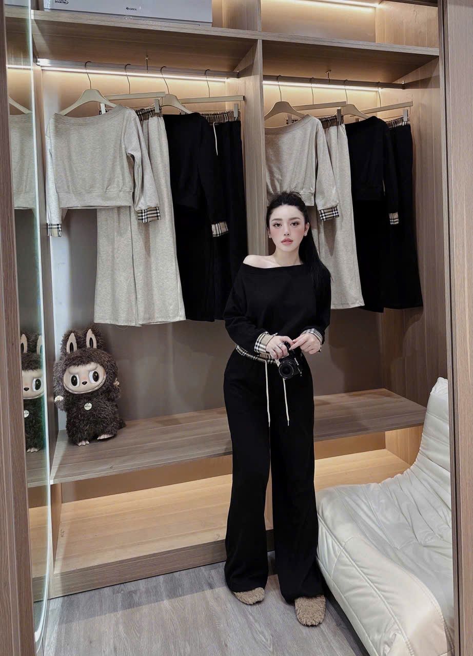  Set áo tay dài lệch vai mix quần suông dài ống rộng phối caro - ĐEN - R196 