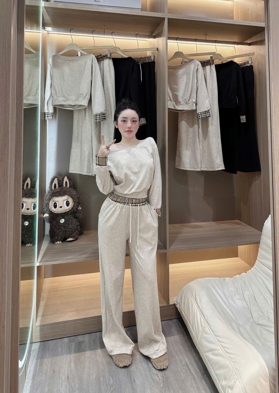  Set áo tay dài lệch vai mix quần suông dài ống rộng phối caro - KEM - R197 