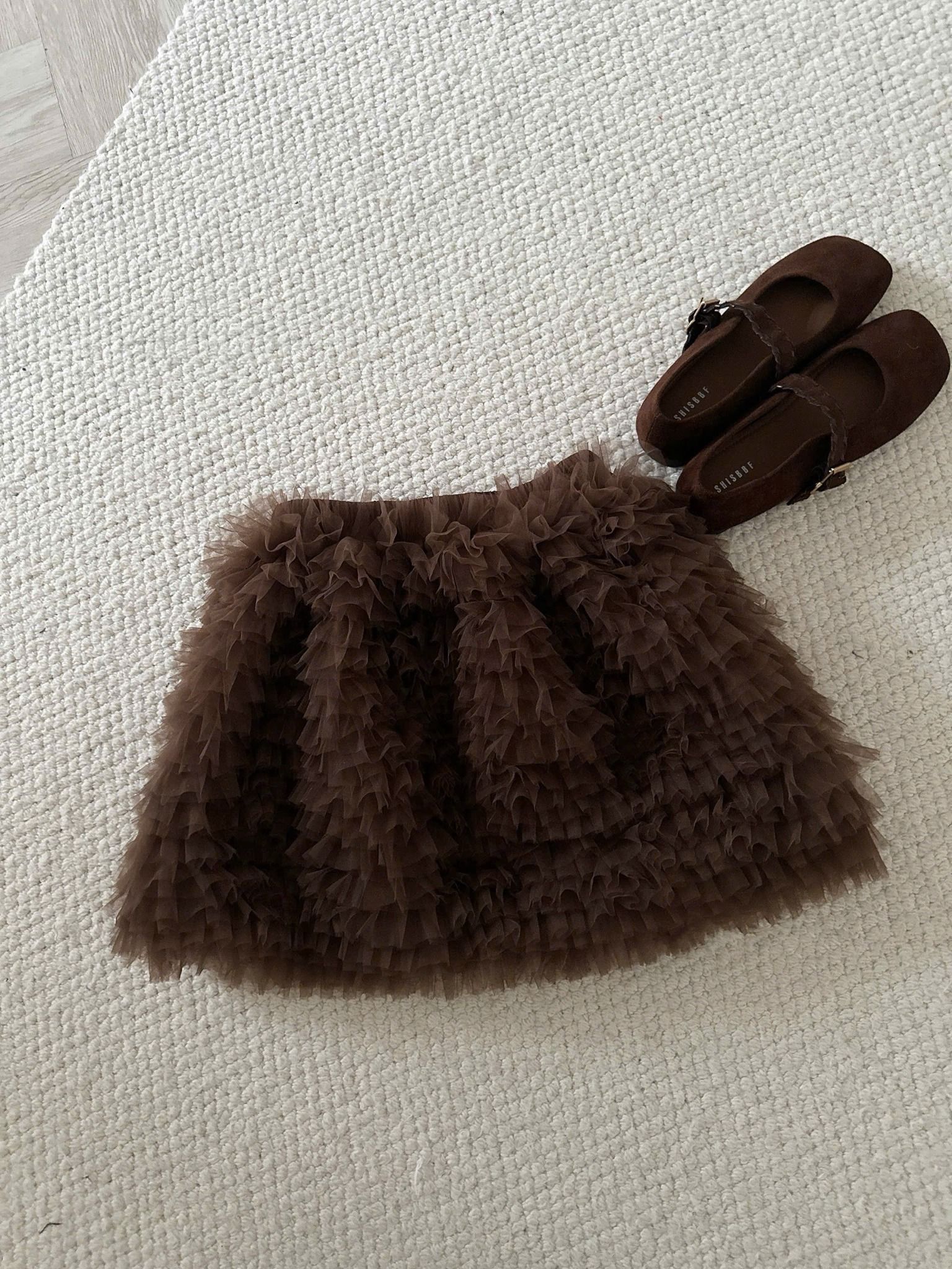  Chân váy tầng ren nhí dáng ngắn - NÂU - R214 