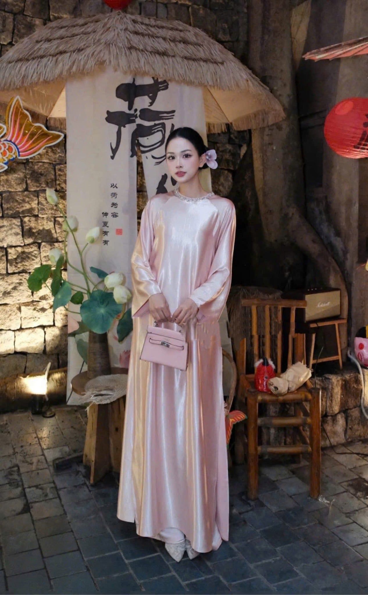  Set áo dài lụa viền cổ đính đá + quần suông 50% lưng chun - HỒNG - R218 