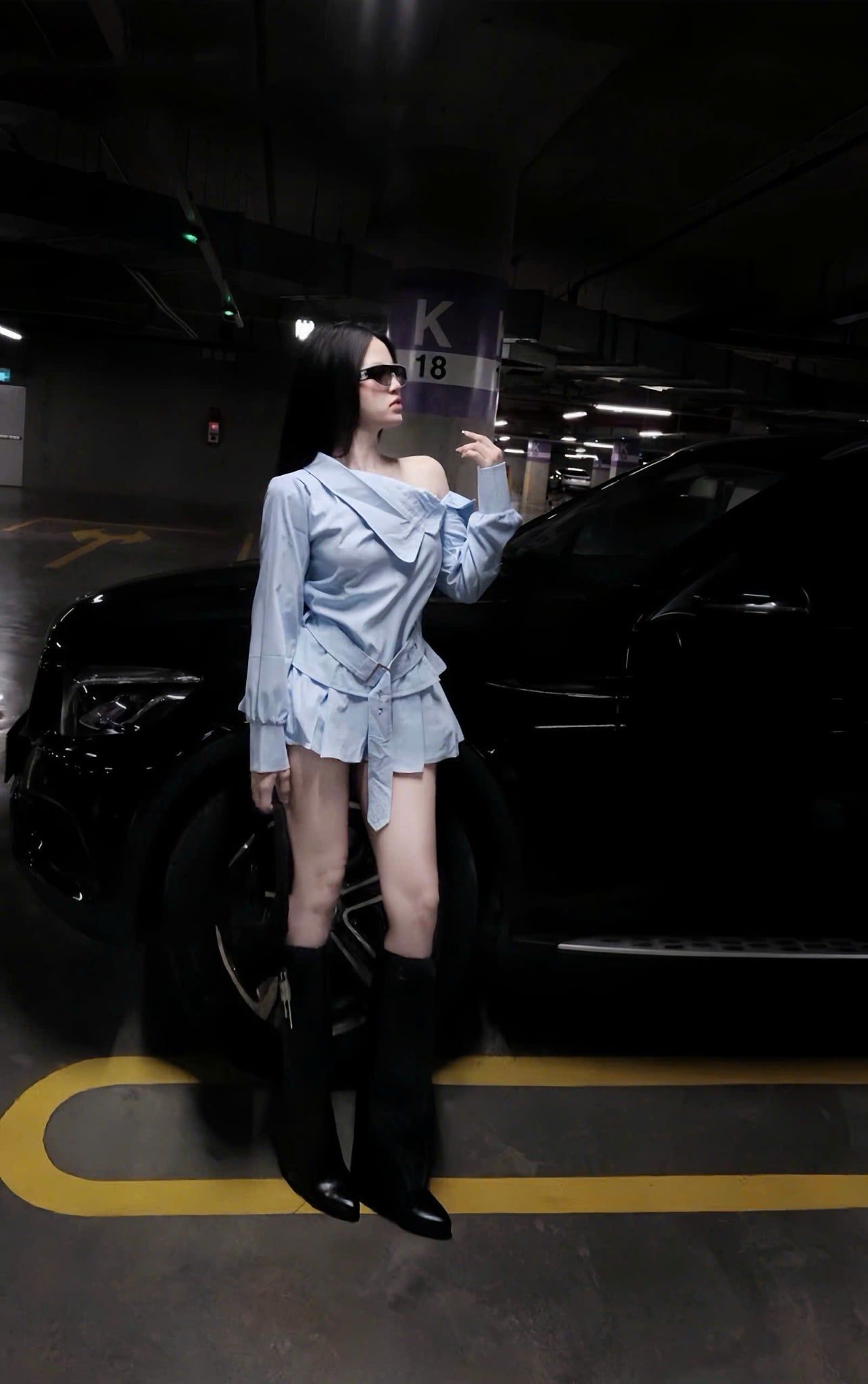  Set áo sơ mi lệch vai kèm đai mix chân váy xòe - XANH - R243 