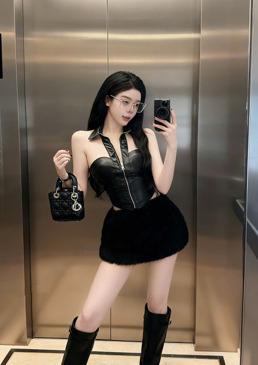  (GỐC 339K SALE 289K) Set áo quây da cổ yếm mix chân váy lông lưng bản - ĐEN - R222 (EO S<68, M<72) 