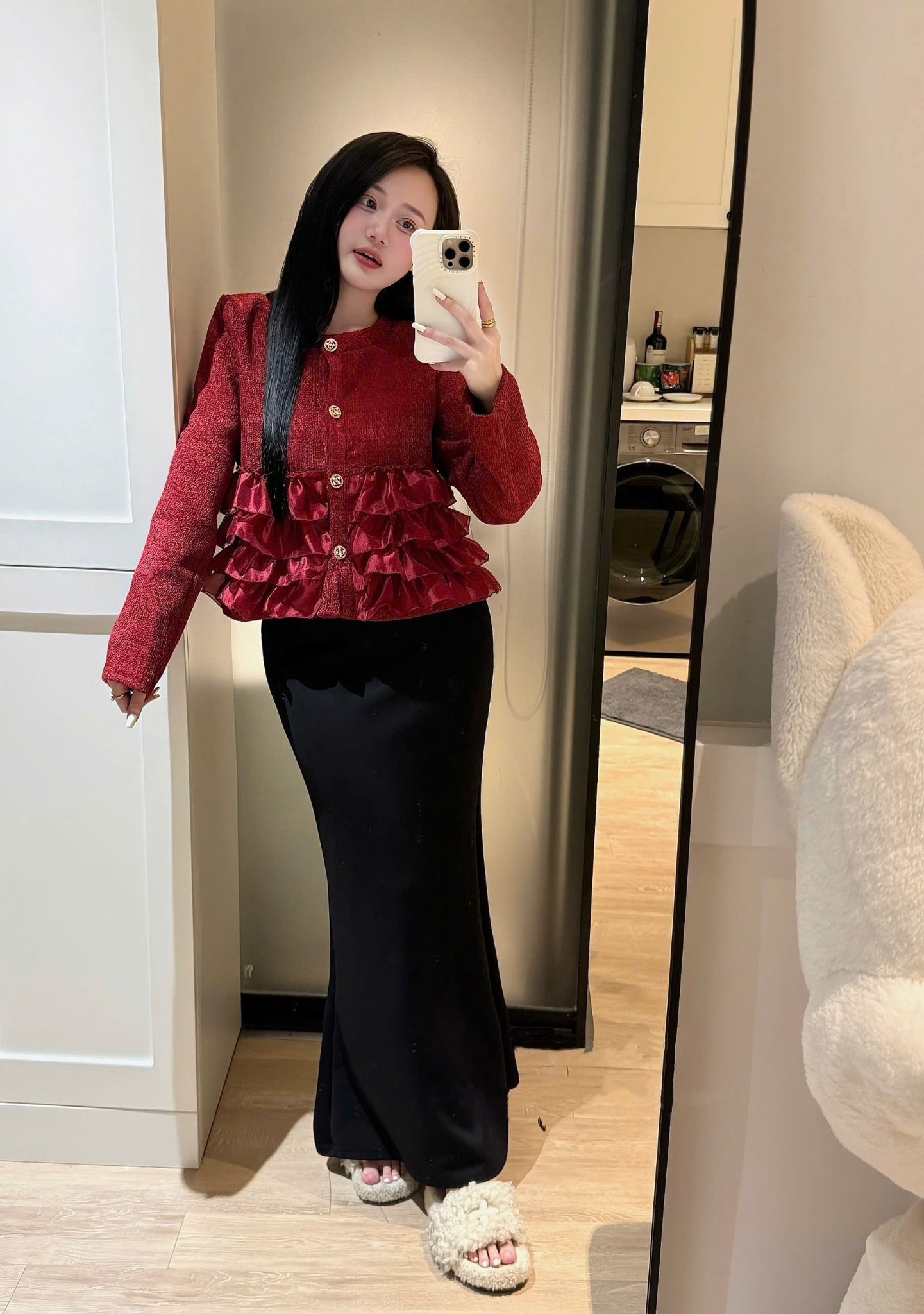  Set áo dạ tay dài phối bèo tầng đỏ mix chân váy đuôi cá cao cấp - R274 