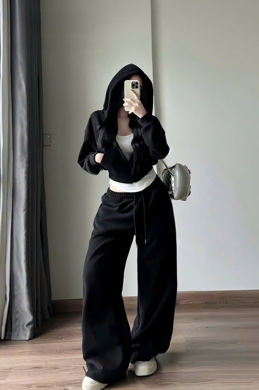  Set 3 món áo khoác có nón kèm áo ba lỗ mix quần suông dài lưng chun - ĐEN - Z63 