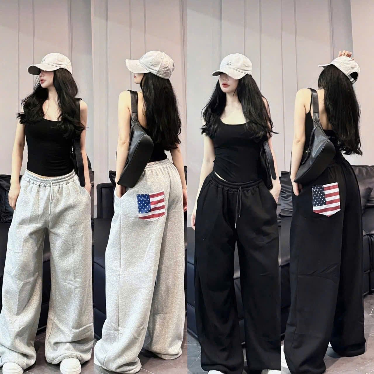  Quần nỉ suông túi in lá cờ lưng chun co dãn - XÁM - R283 