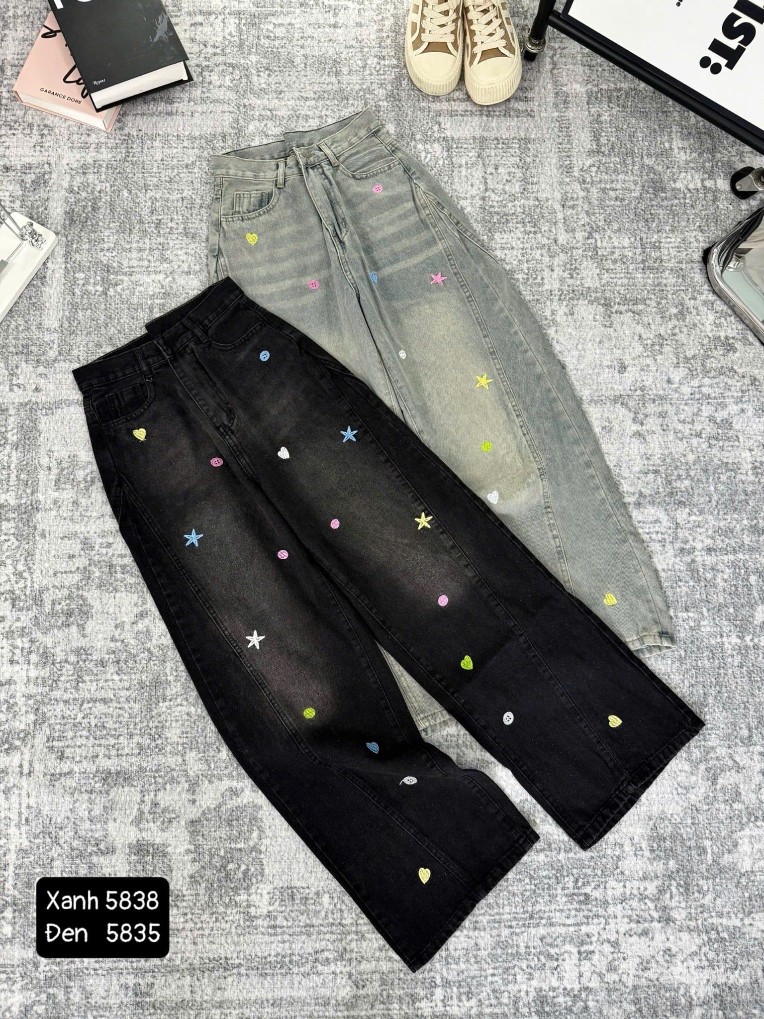 Quần jean ống suông họa thêu họa tiết form đẹp - ĐEN - R287 (EO S<64, M<68, L<72) / DÀI 103CM 