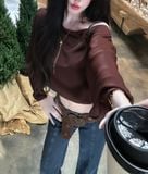  Áo lệch vai tay dài form ngắn hở lưng dắt dây - NÂU - S8 