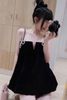 Váy nhung bí form babydoll đính nơ đá tiểu thư - ĐEN - R297