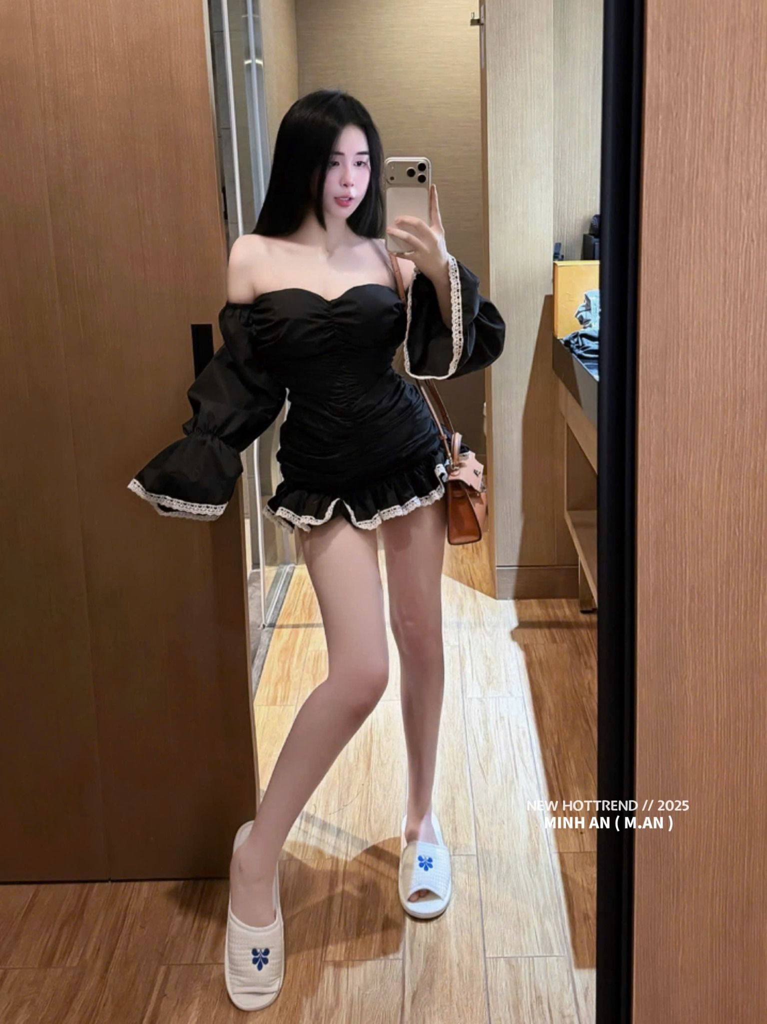  Váy trễ vai bo nhún viền ren dáng ngắn tiểu thư - ĐEN - R302 (EO S<68, M<72) 