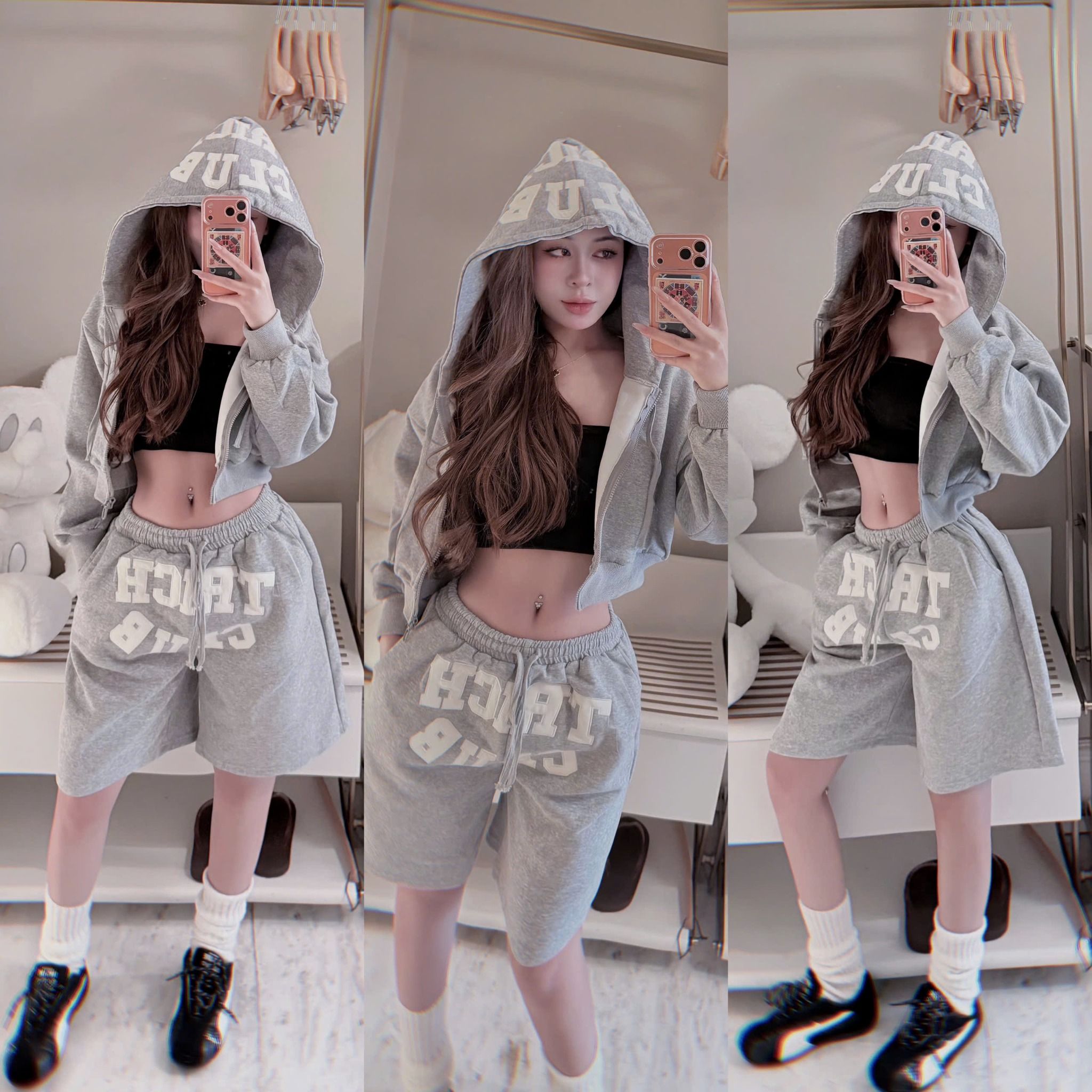  Set 3 món áo quây kèm khoác mix quần đùi in chữ - XÁM - R306 