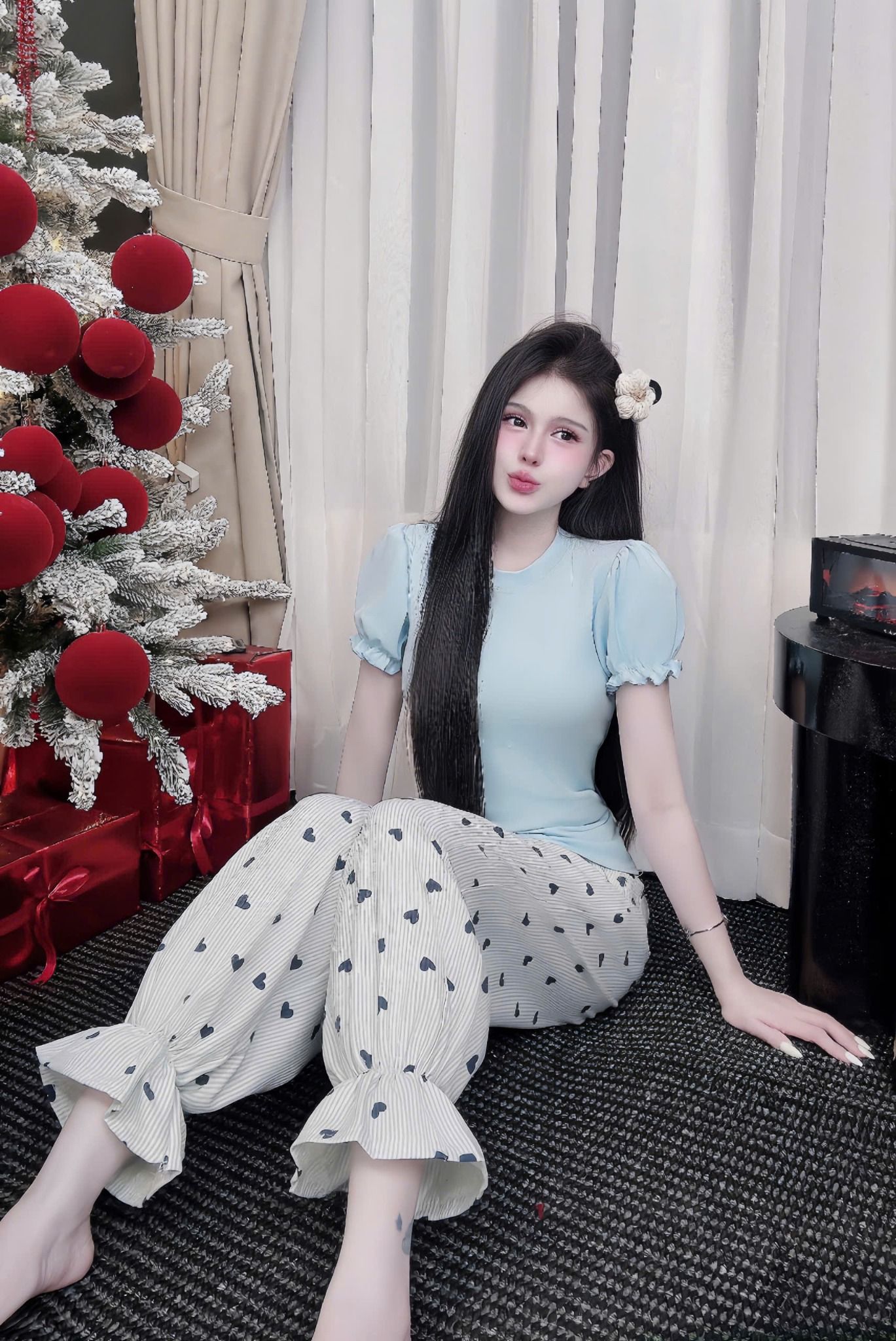  Set áo thun tay bồng mix quần ống túm kẻ sọc trái tim - XANH DƯƠNG - G33 