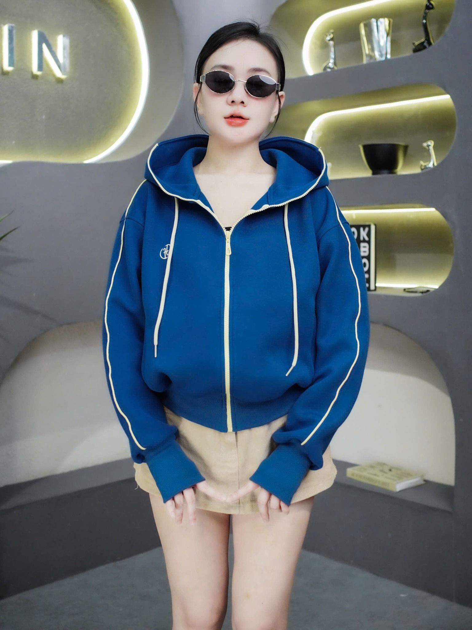  Áo khoác có nón viền line lót túi trong chất umi dày dặn - XANH COBAN - S15 