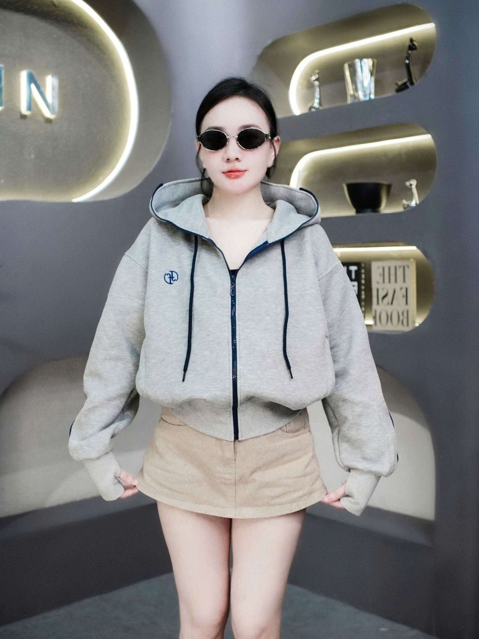  Áo khoác có nón viền line lót túi trong chất umi dày dặn - XÁM - S13 