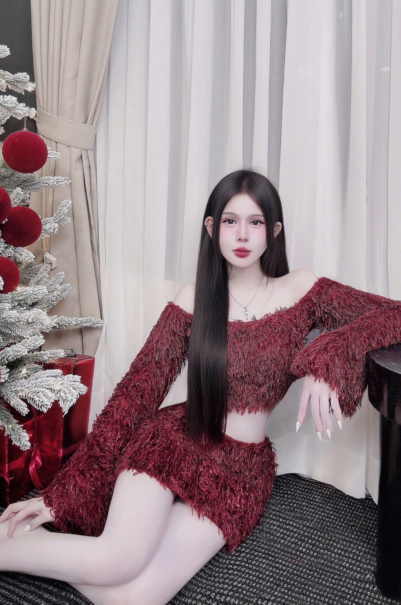  Set áo trễ vai mix chân váy dáng ngắn lông vũ - ĐỎ - G34 