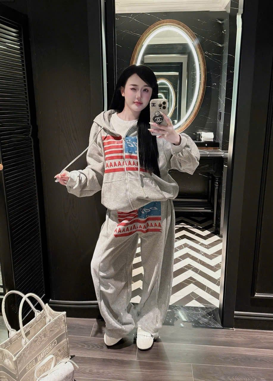  Set nỉ áo khoác có nón mix quần suông dài in họa tiết - XÁM - S26 