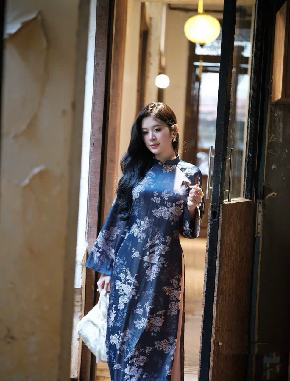  Set áo dài vân hoa màu xanh mix quần lụa HOT - S27 