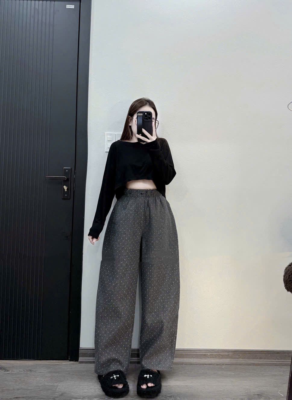  Quần suông dài chất dạ ép họa tiết chấm bi - XÁM - S29 