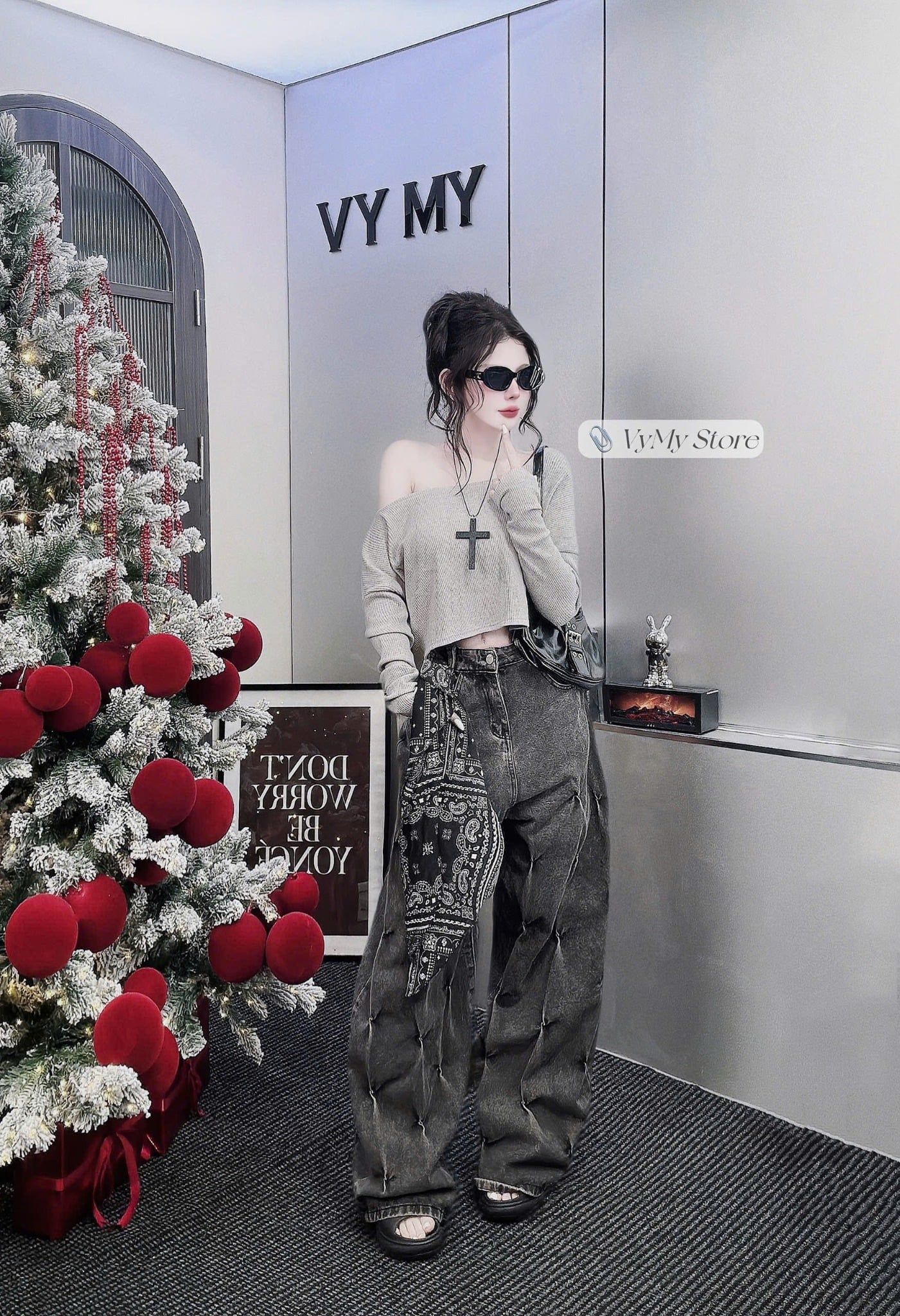  Áo tay dài lệch vai chất len gân siêu đẹp - XÁM - S54 