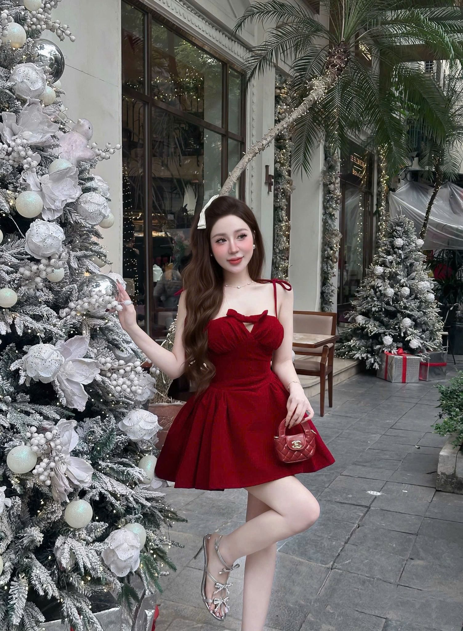  Váy nhung 2s cúp ngực đính nơ dáng xòe bồng tiểu thư - ĐỎ - S75 (EO S<68, M<72) 