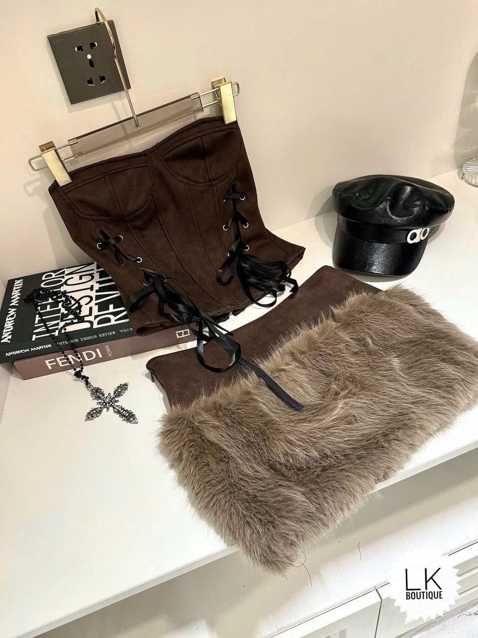  Set áo quây cúp ngực đan dây mix chân váy lông - S79 (EO S<68, M<72) 