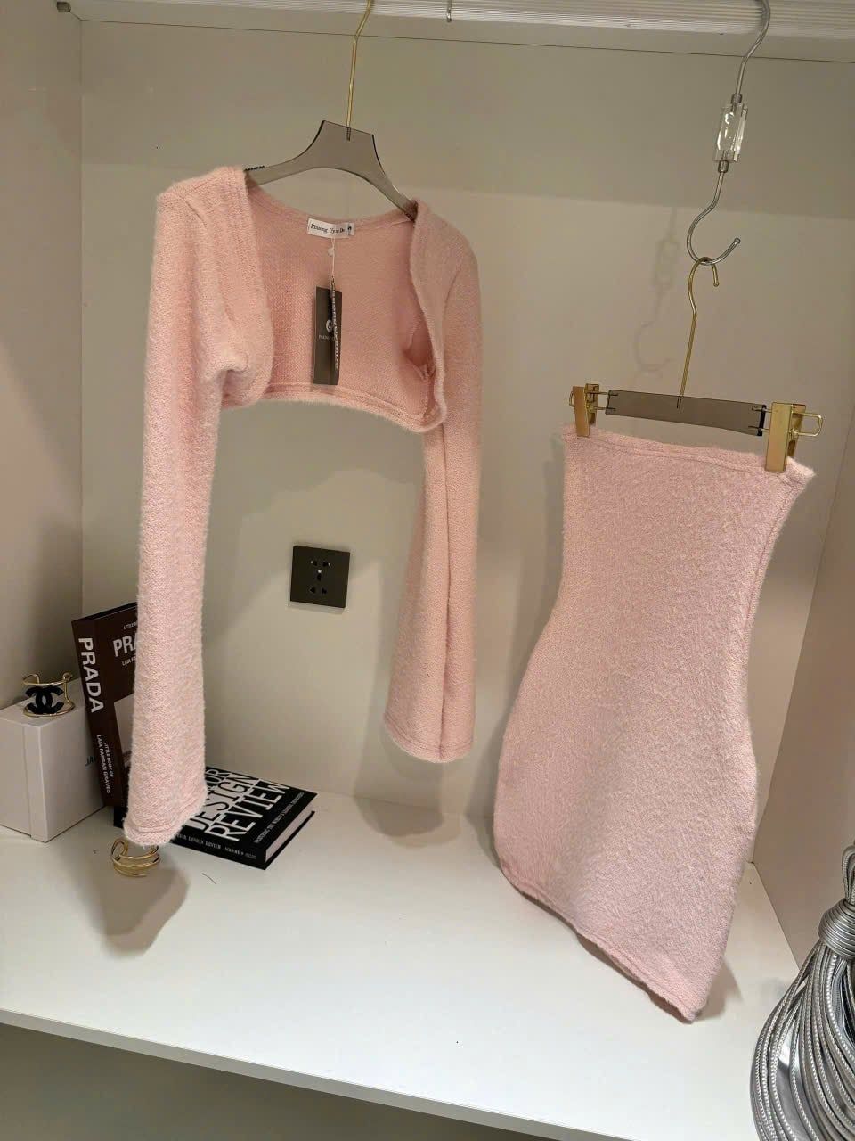  Set 2 món đầm quây body kèm áo khoác form ngắn chất len lông - HỒNG - S81 